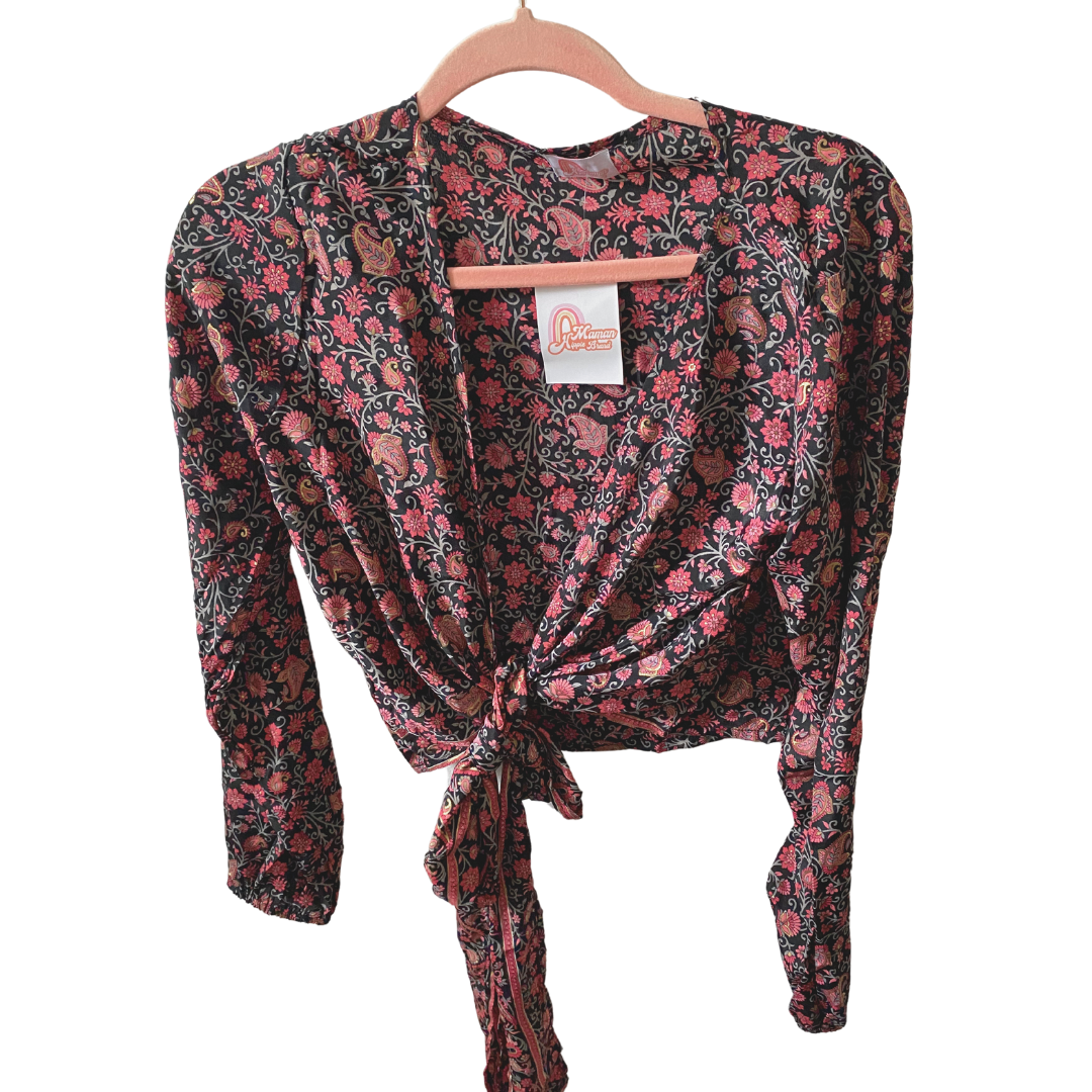 Demi Kimono 70% VRAIE SOIE FLEUR ROUGE+NOIR*(Manche standard