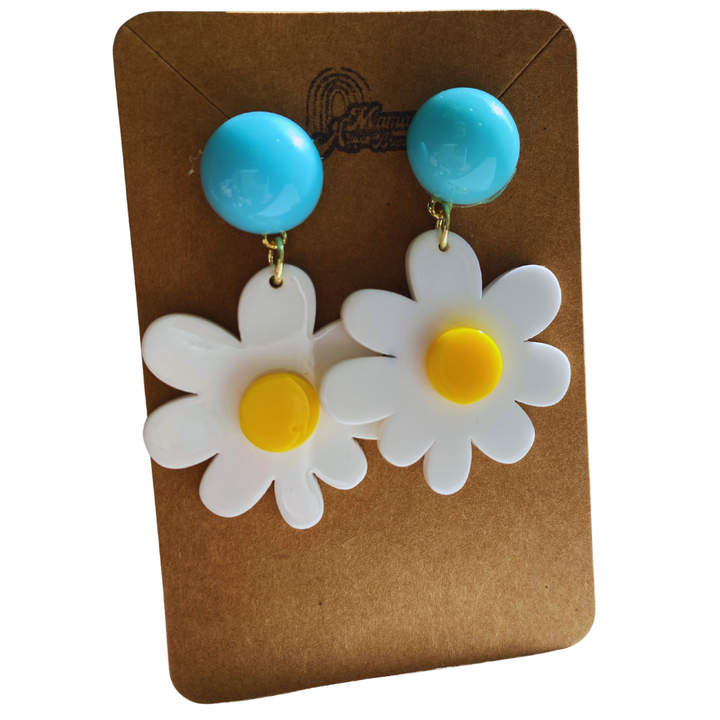 BOUCLES D'OREILLES ACÉTATE - MARGUERITE SIMPLE BLANCHE POINT BLEU