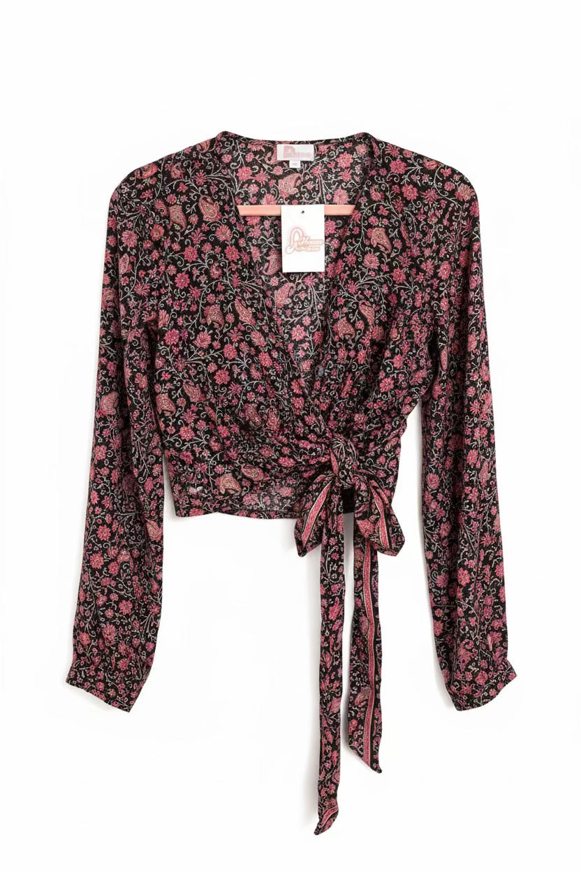 Demi Kimono 70% VRAIE SOIE FLEURI ROUGE+NOIR